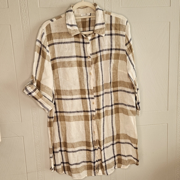 Zanetti Womens Cream Tan Blue Plaid Long Roll Tab Sleeve Linen Blouse Size XXXL - Picture 1 of 12